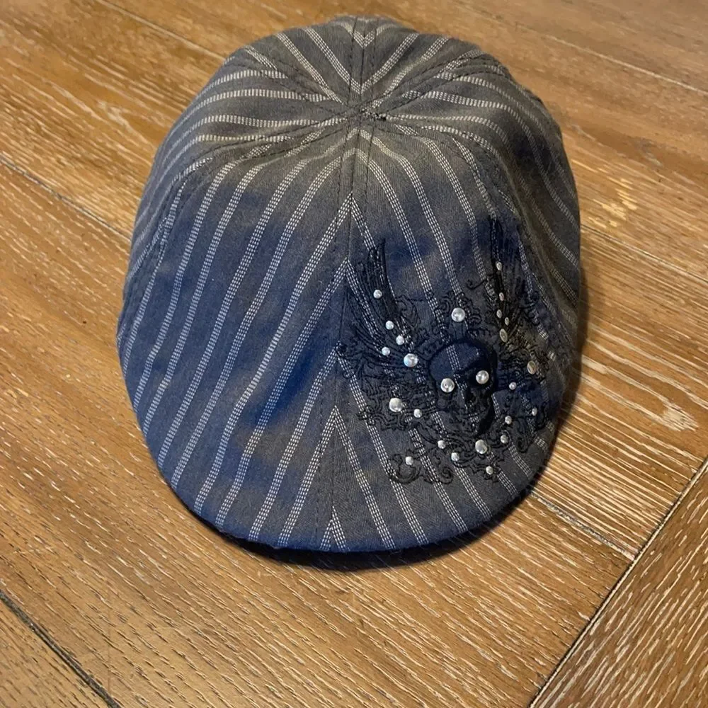 Dark and Light Gray Striped Newsboy Hat with Skull and Wings